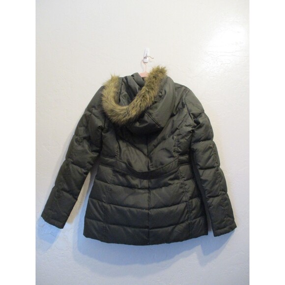 Larry Levine Womens S Down Puffer Jacket Green Faux Fur Hood Removable Trim Coat - Picture 2 of 9